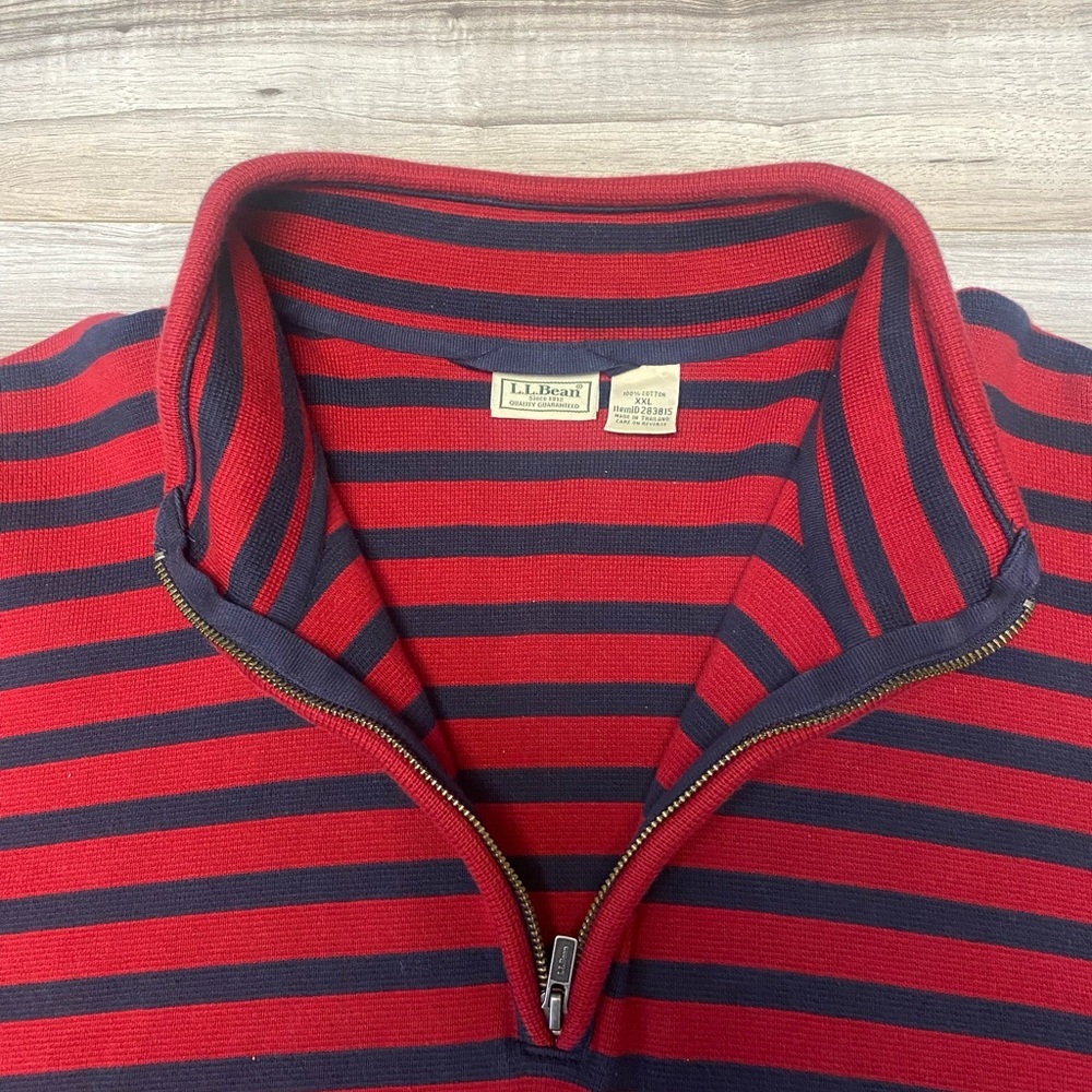 LL Bean Mens Striped Sweater Size XXL Long Sleeve Quarter Zip Pullover Red Navy - Picture 2 of 8